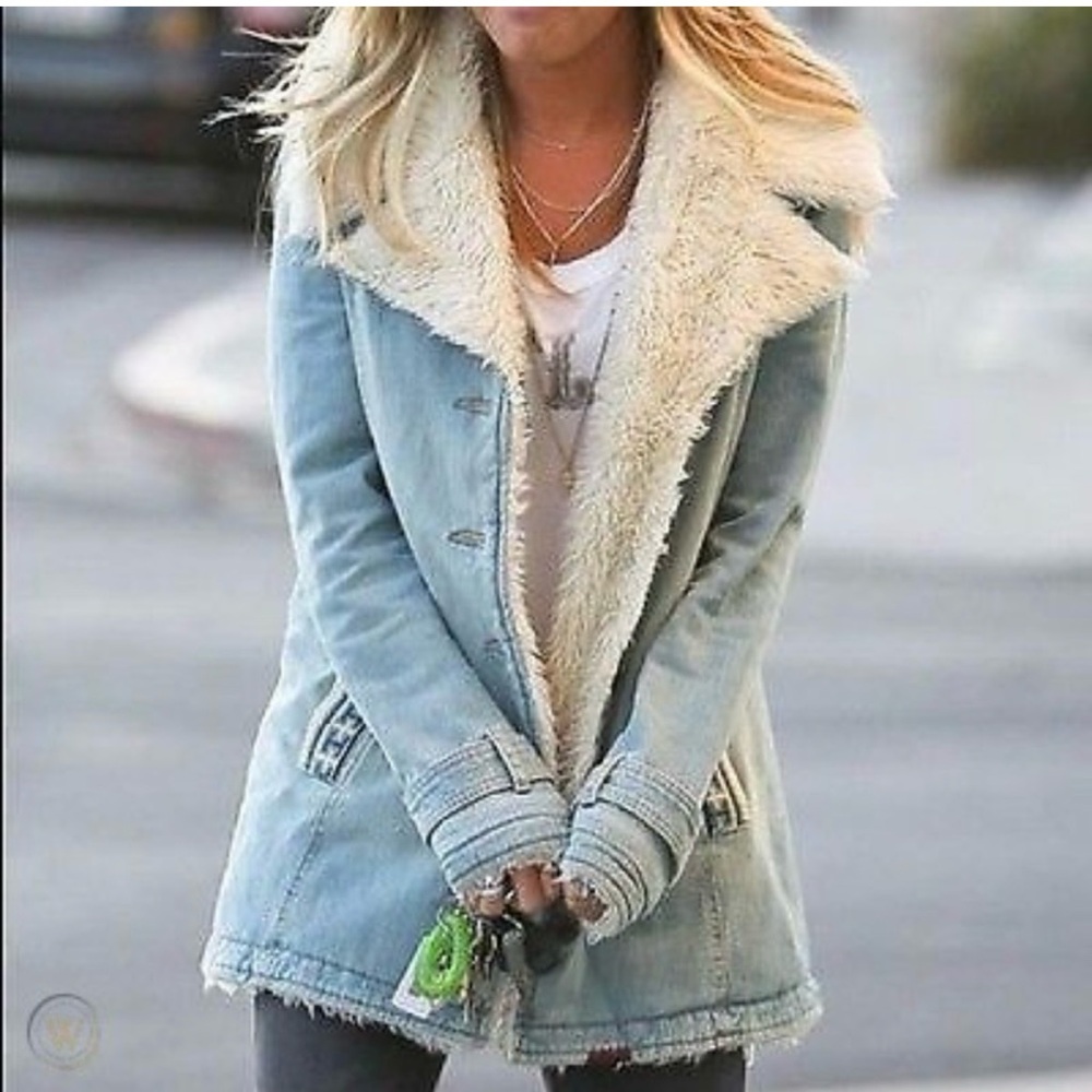 Free People Light Blue Denim Jacket with Shearling Collar